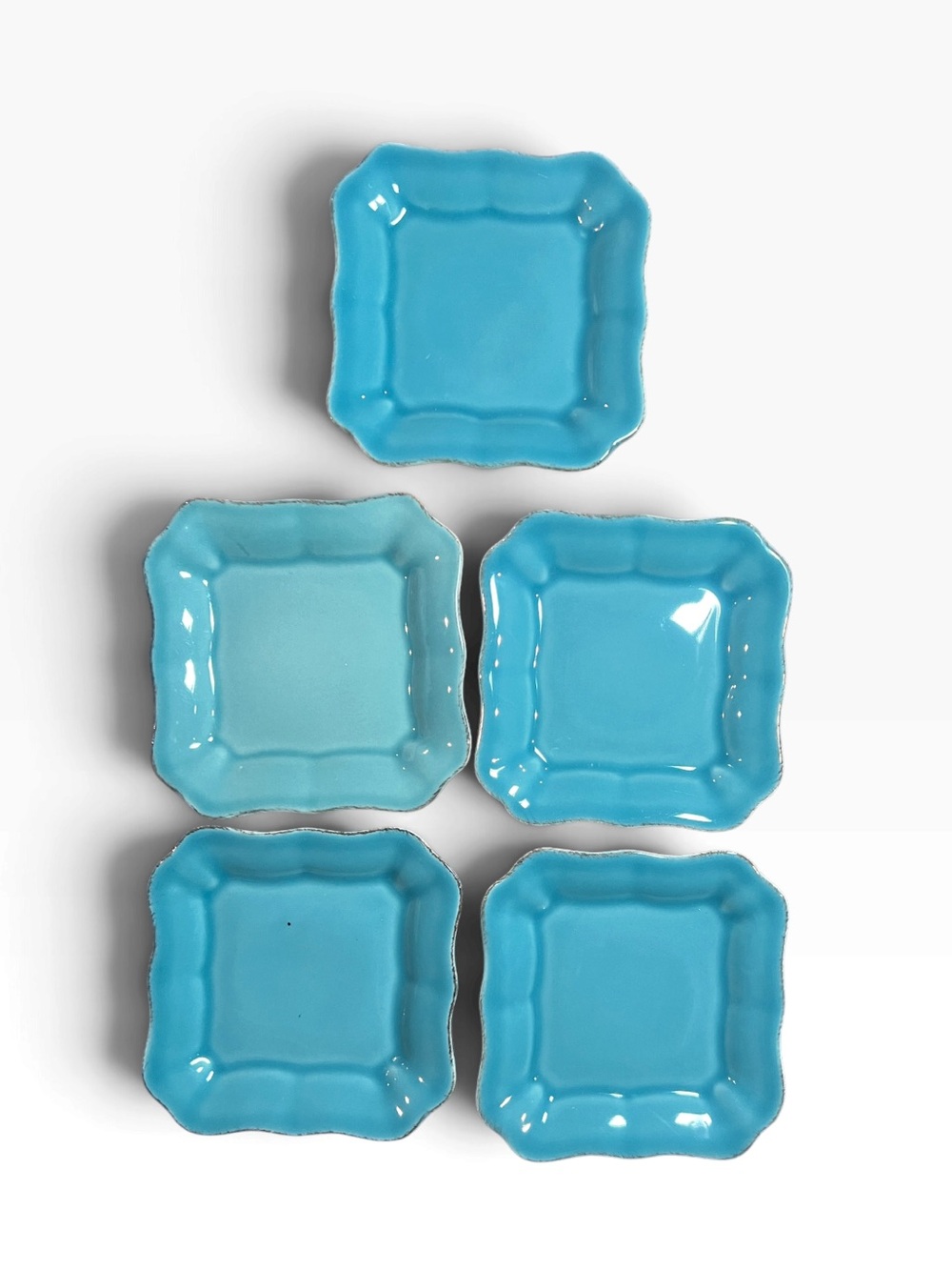 Pottery Barn Turquoise Square Scalloped Ceramic 5.25” Tidbit Plates - Set of 5